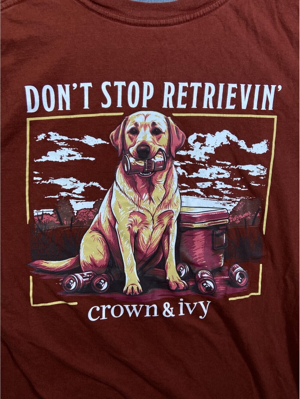 Crown & Ivy Mens L fits M Golden Retriever Dog Don't Stop Retrievin' T-Shirt EUC